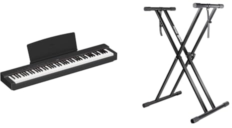 Yamaha P-225 Digital Piano with 88 Graded Hammer Compact Keys and 24 Instrumental Voices & RockJam XX-363 Xfinity Doublebraced Pre Assembled Keyboard Stand with Locking Straps & Lessons.,Black