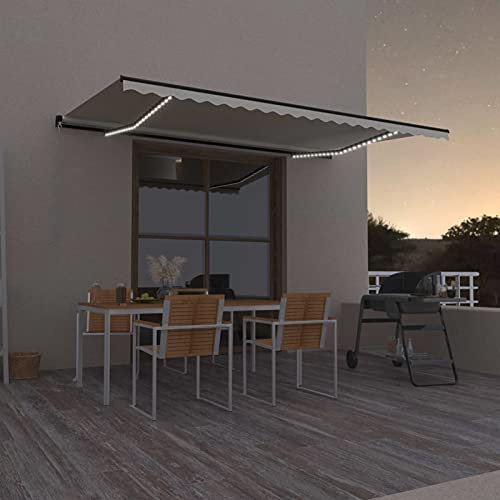 Homgoday Tenda da sole retrattile manuale con braccio articolato a LED, tenda da sole da balcone, con manovella, regolabile in altezza e angolazione, per terrazze, balconi, 500 x 300 cm, crema
