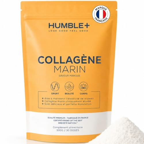 HUMBLE+ Collagène Marin Naticol® Poudre - Mangue - 300 g - 60 Portions | Peptides brevetés, arôme naturel exotique - Une dosette de 5 grammes par jour - Marque Française