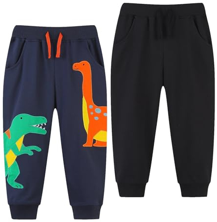 Codkkre 2-pack pojkar joggingbyxor med elastisk midja, barn, joggingbyxor, dinosaurierbyxor för pojkar, sweatbyxor, barn, bomull, sportbyxor, joggingbyxor, barnbyxor, 92 98 104 110 116 122, Dinosaurie
