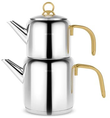 Karaca New Mira Turkish Teapot Set - Stainless Steel Teapot with Lid - (Turkish Tea Pot 1 Liters & Water Tank 2 Liters) - Midi Tea Maker & Induction Tea Kettle, Gold