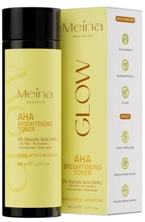 Meina AHA Glow Toner, 5% Glykolsäure Peeling mit Vitamin C, PHA, Reis-Extrakt und Hyaluronsäure, Gesichtstoner, Leichte Gesichtspflege gegen Pigmentflecken und trockene Haut, Schnell einziehend, 200ml