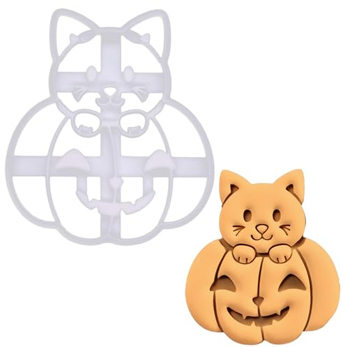 BAKERLOGY Cat in a Pumpkin Cookie Cutter - Bake Halloween Treats - Detailed Biscuit Cutter Design for Baking and Crafts, Ideal on Fondant, Dough, Clay