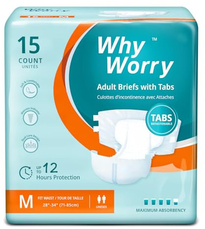 WhyWorry Adult Nappies for Women and Men, Disposable Adult Diapers for Incontinence with Overnight Absorbency, Odor Control, Unisex, Medium, 15 Count