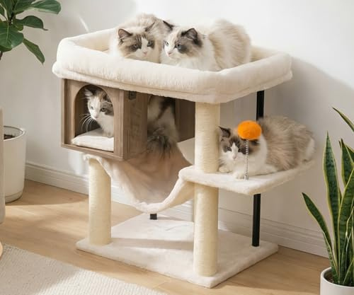 Heybly Katträdstorn Kattkoja I Trä För Kattungar Inomhus Stor Plattform För Vuxna Katter Stor Vadderad Sittpinne För Maine Coon Möbler Med 3 Sisalstolpar Hängmattor Boll, Grå Meliert HCT017SG