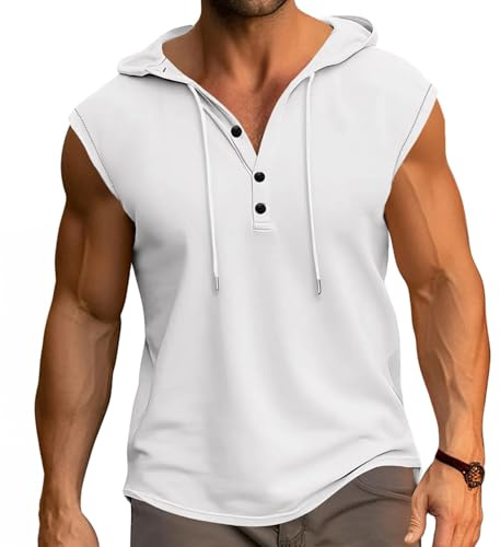 PRIVIMIX Canotta Uomo con Cappuccio Canottiera Palestra Estiva Felpa Maglietta Senza Maniche Bodybuilding Fitness Sportiva Bianco M