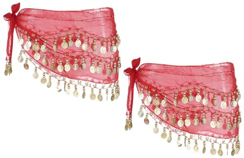 sourcing map Belly Dance Hip Scarf 57x11, 2 Pack Women's Belly Dance Costume Skirt Wrap with 72 Gold Coin for Dance or Yoga Class, Red