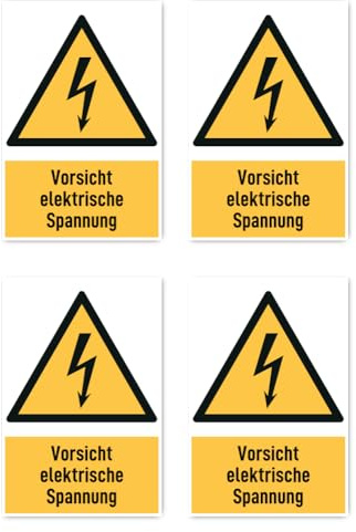 Aufkleber: 150x100 mm, 4 Stück - Vorsicht elektrische Spannung - Warnzeichen mit Text (deutsch) (gelb/schwarz) - hochkant - W012 - DIN EN ISO 7010 / ASR A1.3