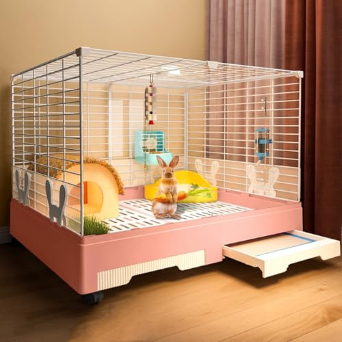 Conejera de interior con ruedas y panel acrílico transparente, jaula de animales pequeños fácil de limpiar con bandeja de cajón para chinchillas, conejos y ardillas