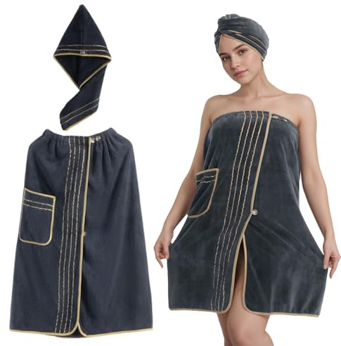 Wokuaile Kilt da Sauna Donna, Accappatoio da Bagno per Donna, Bagno SPA Regolabile Asciugamano per Donne E Ragazze, nero