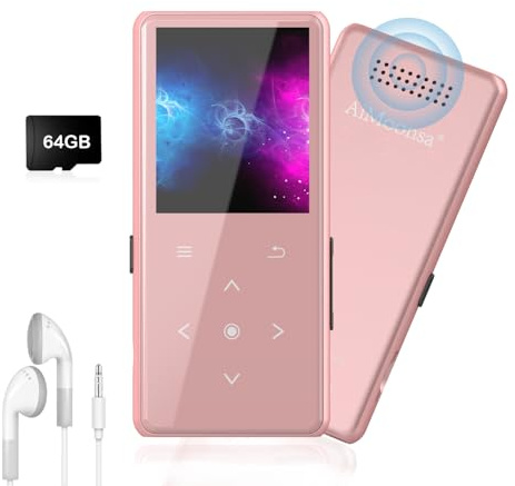 64GB MP3 Player with Bluetooth 5.2, AiMoonsa Music Player with Built-in HD Speaker, FM Radio, Voice Recorder, HiFi Sound, E-Book Function, Earphones Included