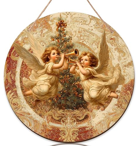 Cartello di benvenuto con angeli per porta d'ingresso, trombe, albero di Natale, in legno dorato, da appendere, per porta di benvenuto, decorazioni per esterni, portico, set da 3