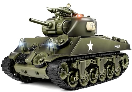 DBshoot 1/18 M4A3 Sherman RC Tank, Smoke, LED Light, Sound, 15 Channel Remote Control Tank, Army Toys with Recoil Force, 60 Minutes Playing Times, Excellent Gift for Kids and Adults Collectors.