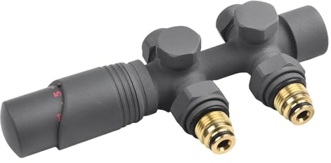 Thermostat-Heizkörperventil-Set für beheizte Handtuchhalter oder Badheizkörper, 50 mm Mittelanschluss, Messing und ABS, Temperaturregelung 7 °C - 28 °C, Schwarz