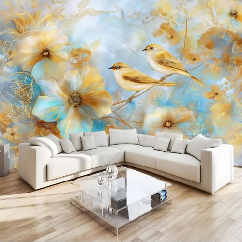 Colore Carta da parati murale, Delicato Astratto Fiori Uccelli Carta da parati per soggiorno camera da letto, murale decorativa non tessuto per sala da pranzo 300 x 210 cm