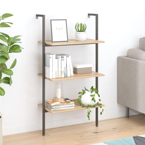 Yisssmeng Libreria da appoggio, 64 x 35 x 120 cm, con 3 ripiani, acciaio e legno, marrone chiaro, nero, moderna scaletta salvaspazio, per soggiorno, camera da letto, ufficio