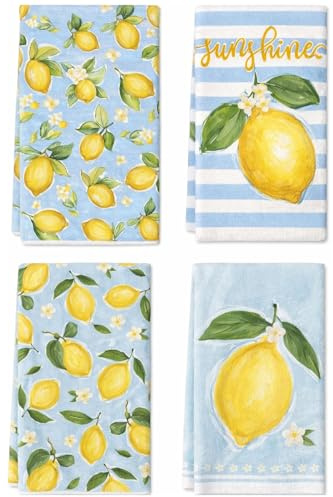 MOAZIFI 4er Geschirrtücher Zitronen Deko Set, Geschirrtücher Baumwolle, Saugfähiges Küchentuch 45x70cm, Zitrone Design für Sommer Küche, Weiches Baumwolltuch Dekoration Gelb Blau Weiß