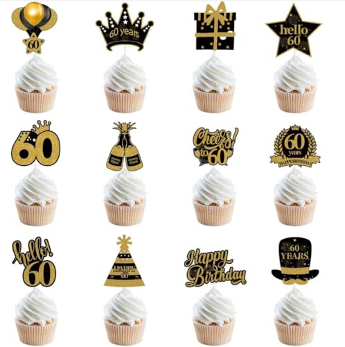 12 Pack 60th Birthday Cake Toppers - Black Gold Vintage Non-Edible Cupcake Decorations - Sturdy 350g Cardstock with Water-Resistant Coating for Cakes, Cupcakes, Ice Cream