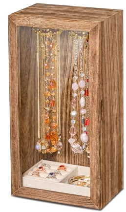 amoard Porte colliers, présentoir bijoux en bois pour femmes, boîte de rangement rotative avec plateau à bagues, présentoir et rangement pour colliers, bracelets, bagues（Marron）