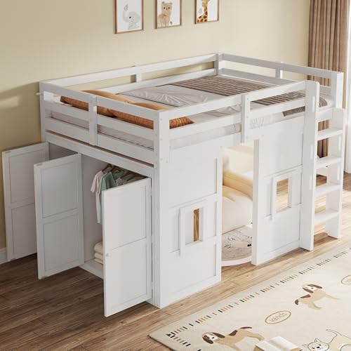 Easexcy Grande letto a castello in legno, con armadio integrato, 2 finestre e illuminazione a LED, bianco (140x200 cm (misure interne))