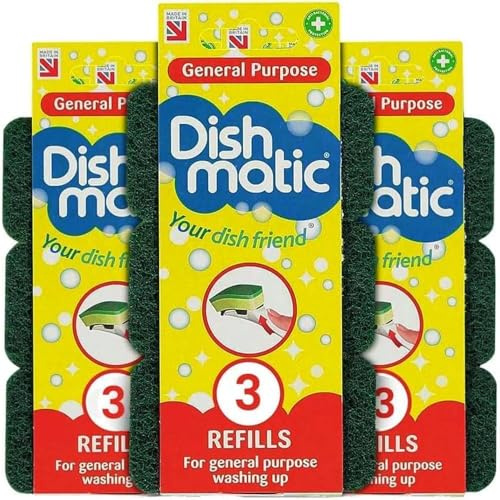 9 x Dishmatic General Purpose Sponge Refills – Green Heavy Duty Washing Up Replacement Heads with Antibacterial Abrasive Scourer, Ideal Kitchen & Bathroom Cleaning Sponges