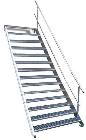 SRM Design 14 Stufen Stahltreppe mit einseitigem Geländer Breite 80 cm Geschosshöhe 210-280 cm robuste Außentreppe Wangentreppe stabile Industrietreppe für den Innen- und Außenbereich