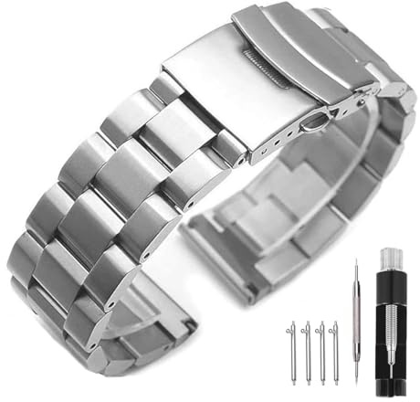 Kai Tian solida dubbla lås rostfritt stål klockarmband rem, borstad finish, klocka ersättning metallarmband för män kvinnor 18 mm 20 mm 22 mm 24 mm, svart silver, 22mm, Rostfritt stål