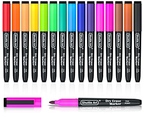 Shuttle Art Whiteboard Markers, 15 Colours Magnetic Whiteboard Pens with Eraser, Fine Point Dry Wipe Markers for Kids Writing On Whiteboards, Weekly Planner, Glass for School Office Home