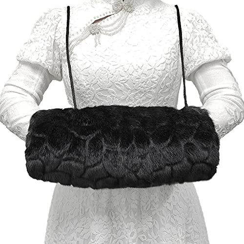SwirlColor Manchon Fourrure, Manchon Noir Réchauffe-Mains avec Poche Pratique et Sangle pour Femmes, Hommes et Enfants, 1pcs, avec Crochet Transparent 1pcs