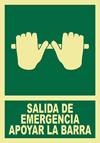Seribas Señal Salida de Emergencia, Apoyar la Barra, Fotoluminiscente Clase B, Cartel PVC 0,7 mm. Tamaño 21 x 30 cm, Homologada, Señal Evacuación.