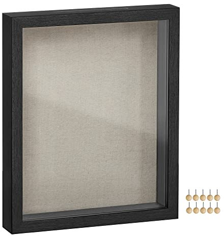 Songmics 11x14 Shadow Box Frame - Black Picture Frames 1.5'' Deep Display Case with Top Slot and Push Pins for Savings and Jersey, Linen Fabric Backing for DIY Craft, Glass Front, Christmas Gift