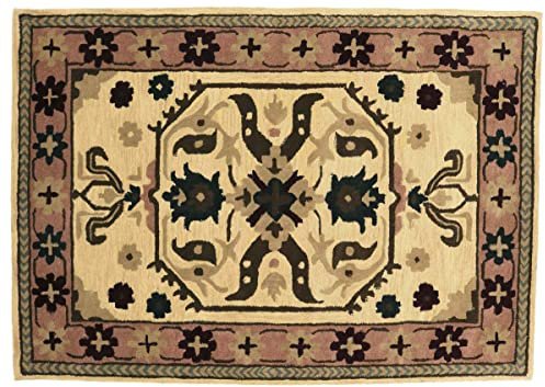 RUG PRINCE Kurzflorteppich Schurwolle 160x230 Beige Medaillon Handarbeit Handtuft Modern 121