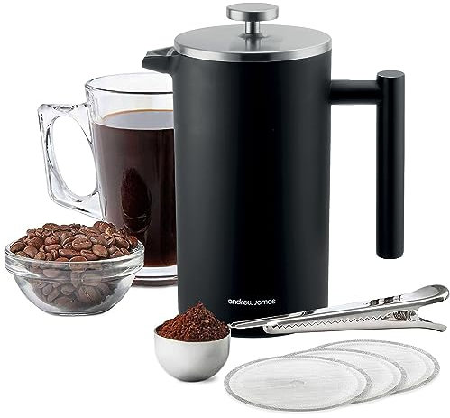 Andrew James Double Walled Stainless Steel Cafetiere Gift Set with 3 Mesh Filters, Coffee Measuring Spoon and Bag Sealing Clip, Delicious French Press Coffee, Easy to Clean (600ml, Black)
