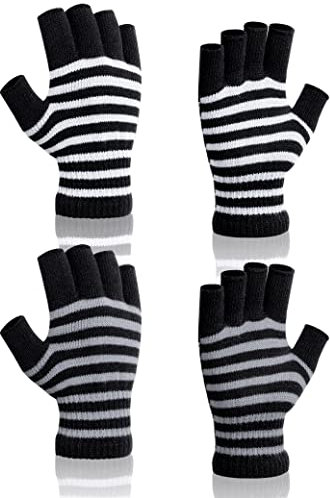 Kiiwah 2 Paar Fingerlose Gestreift Handschuhe, Damen Herren Unisex Winter Warm Strickhandschuhe für Skifahren, Laufen, Wandern, Fahren, Arbeiten