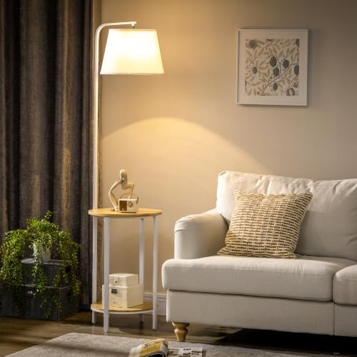 HOMCOM Lámpara de Pie Moderna con Mesas con Estantes 43x39,5x162 cm Blanco | Casquillo E27 Máx. 40W, Pantalla de Lino, Interruptor de Pie, para Salón Dormitorio