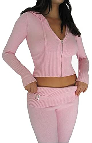 Alaurbeauty Women Fall 2 Pieces Outfits Solid Color Long Sleeve Zipper-Up Slim Fit Hooded Crop Tops and High Waist Long Pants Set