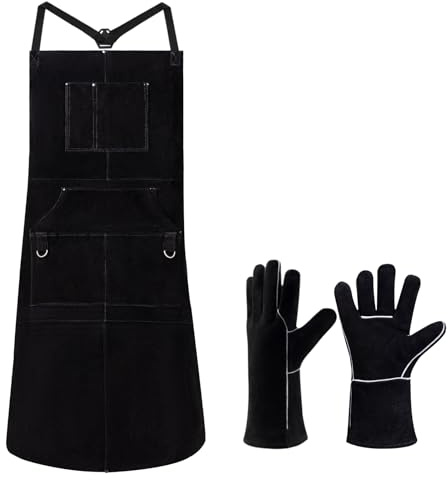 eletecpro Heavy Duty Leather Welding Apron Genuine Cowhide Flame & Heat Resistant Adjustable 42Lx24W with 6 Tool Pockets and Gloves for Mechanic, BBQ, Woodworking, Gardening, Men & Women Gift, Black