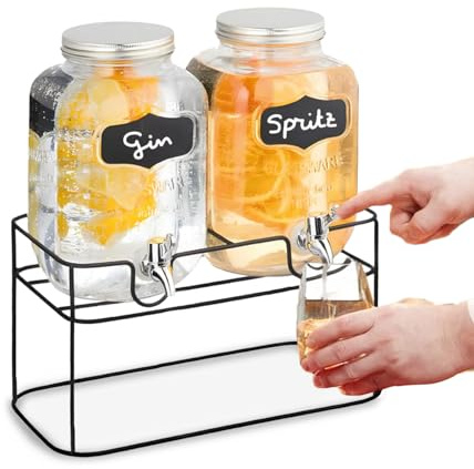 Avilia - Set di 2 Dispenser Bevande e Detergenti da 4L in Vetro - Tanica Acqua con Rubinetto Incluso, Supporto in Metallo, Elegante e Robusto, Aperitivi all'Aperto, Feste, Eventi, Cucina.