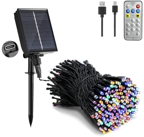 Tacobey Solar Christmas String Lights Outdoor Garden - 65Ft/20m 200 LED Solar Fairy Lights Waterproof with Remote, 8 Modes, Decorative Lighting for Garden Outdoor - Multicolor