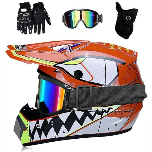 Unisex Motocross Helmet, Youth Kid Full-Face MTB Off Road Street ATV Motorbike Helmet, Downhill BMX Enduro Quad Dirt Bike Crash Helmet Protective Gear, with Goggles Gloves Mask