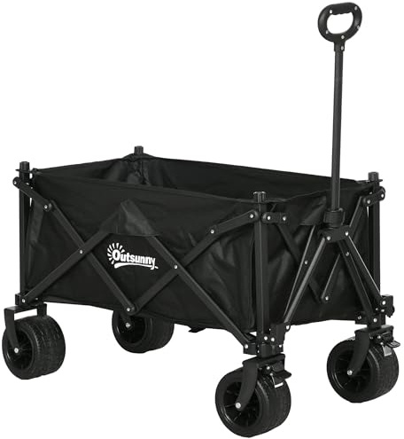 Outsunny Zusammenklappbarer Gartenwagen, zusammenklappbarer Wagen mit Teleskopgriff, Tragetasche und großen Rädern, für Strand, Camping, Festival, 120 kg Kapazität, Schwarz