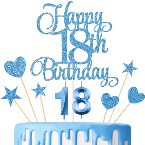 Lecferrarc 18th Birthday Cake Decorations, 18th Birthday Candles Cake Numeral Candles and Glitter Happy 18th Birthday Cake Toppers Set for Birthday Party Supplies (Blue)