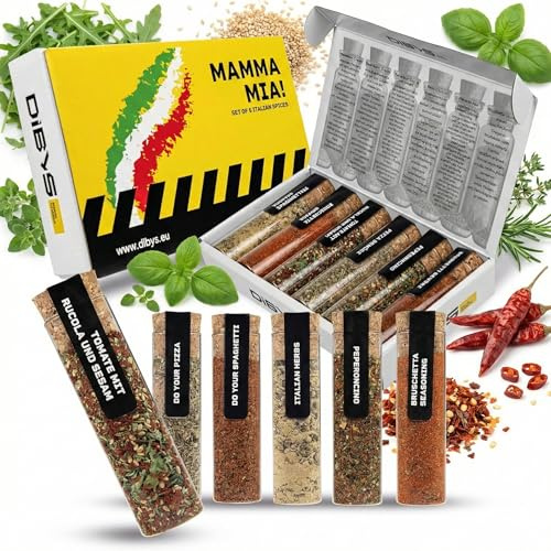 DIBYS MAMMA MIA! Coffret Cadeau d'Épices Italiennes | 6 Mélanges Authentiques avec Recettes | Herbes, Épices à Pizza, Épices pour Spaghetti & Plus | Cuisine Italienne