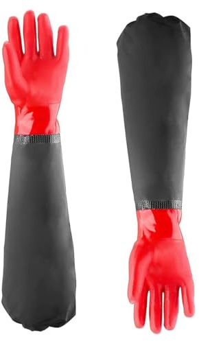 POFET 1 Paar Arbeitshandschuhe Herren Damen wasserdichte Lange Handschuhe Gummi Haushaltshandschuhe Fischteichhandschuhe Extra Lange Ärmel, Ganzer Arm, Schwarz Rot