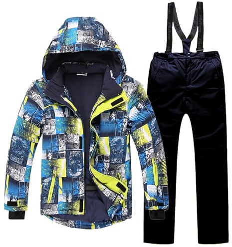Amur Leopard Tuta da Sci Ragazzi e Ragazze Tuta de Neve 2 Pezzi Giacca + Pantaloni Tute de Neve Invernale Antivento Impermeabile, Cappotto Blu + Pantaloni Blu Navy, 146-152/10-11 Anni