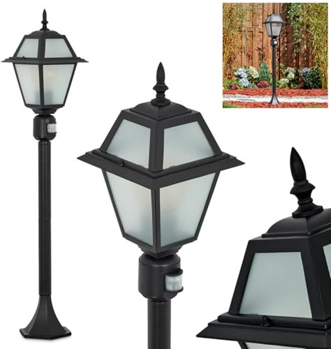 HOFSTEIN Wegeleuchte Fornelos, Wegelampe mit Bewegungsmelder aus Metall/Glas in Schwarz/Weiß, Außenleuchte im Vintage/Antik/Landhaus-Design für Garten/Außenbereich/Terrasse/Hof, Höhe 100 cm, E27, IP44