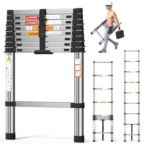 2.59m Thickened Telescopic Ladder Straight Ladder 8.7FT Extendable Ladder Stainless Steel Telescoping Ladder Step Ladders 330lbs Capacity, Stronger than other