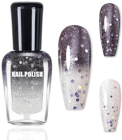Thermo Nagellack Farbwechsel, Black & Clear Nagelack Glitzer, Schnelltrocknender Nagellack, Temperaturgesteuerter Nail Polish Mit Color Changing Effekt Geschenk Für Frauen Mädchen, 7 Ml