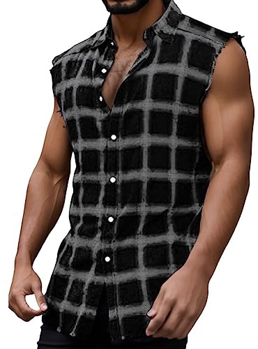 Foweknow Camisa a cuadros para hombre, sin mangas, camiseta de tirantes de verano, camiseta de tirantes con botones para leñador, camisa tradicional para hombre, camiseta de axila con botones, camisas