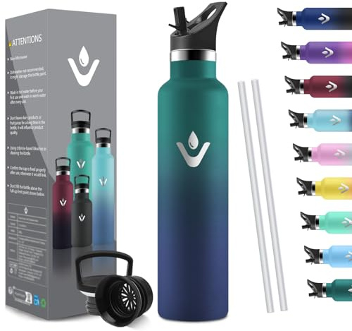 HoneyHolly Bouteille Isotherme 1L, étanche sans BPA, Gourde Isotherme, Double Paroi, Bouteille, 18/8 Acier Inoxydable, Gourde INOX, avec Paille, Termos pour Sport, Randonnée, École, Bureau